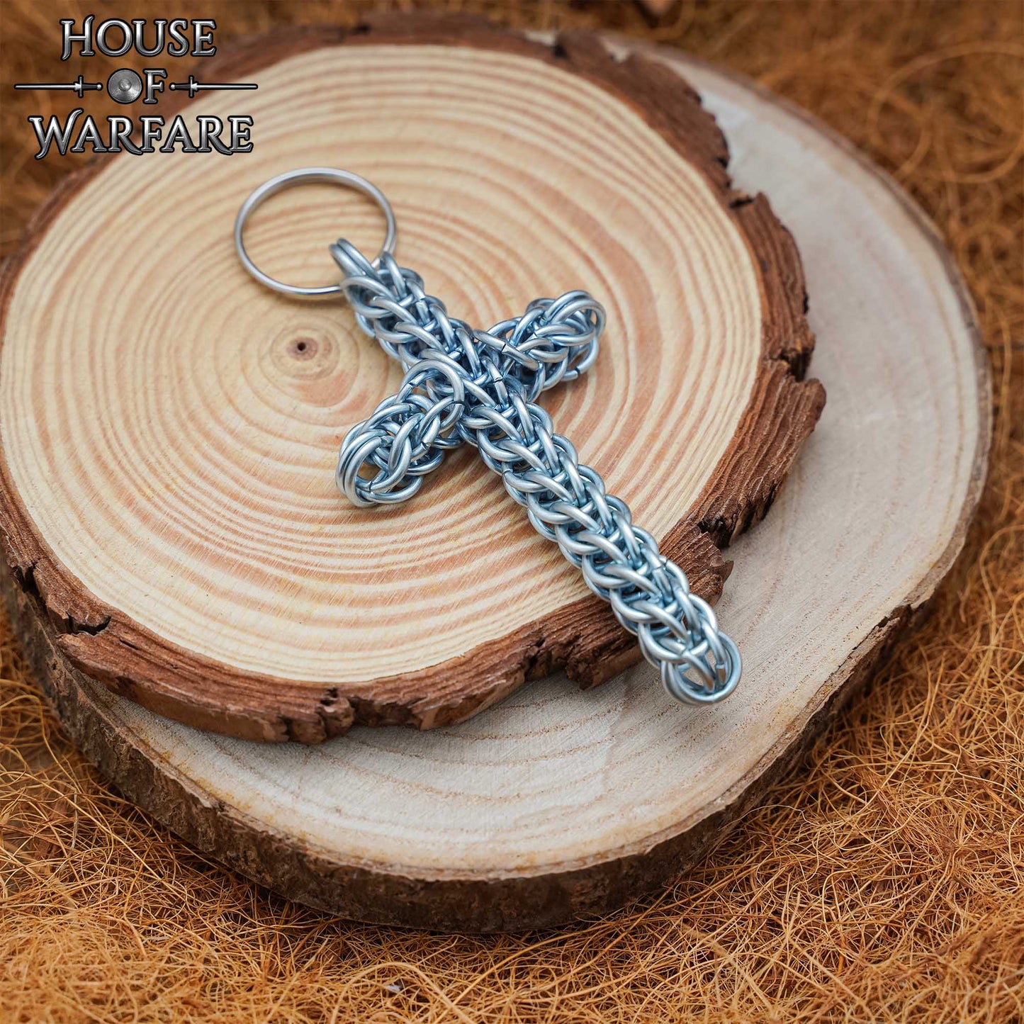 Llavero Rústico con Cruz de Cota de Malla - Anillo Conificado de 10 Mm - Acero Dulce de Calibre 16 - Ideal para Larp, Cosplay y Reenactments - Imagen 1