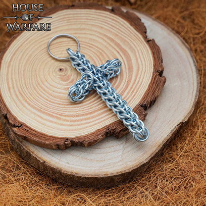 Llavero Rústico con Cruz de Cota de Malla - Anillo Conificado de 10 Mm - Acero Dulce de Calibre 16 - Ideal para Larp, Cosplay y Reenactments - Imagen 1
