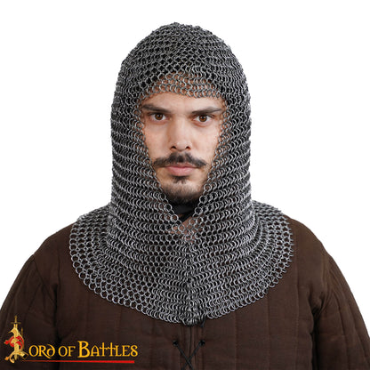 Cofia Medieval de Cota de Malla - Abertura en V - Acero para Muelles de Calibre 16 - Anillas de 9 Mm Conificado - Imagen 4