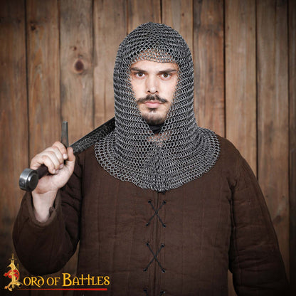 Cofia Medieval de Cota de Malla - Abertura en V - Acero para Muelles de Calibre 16 - Anillas de 9 Mm Conificado - Imagen 1