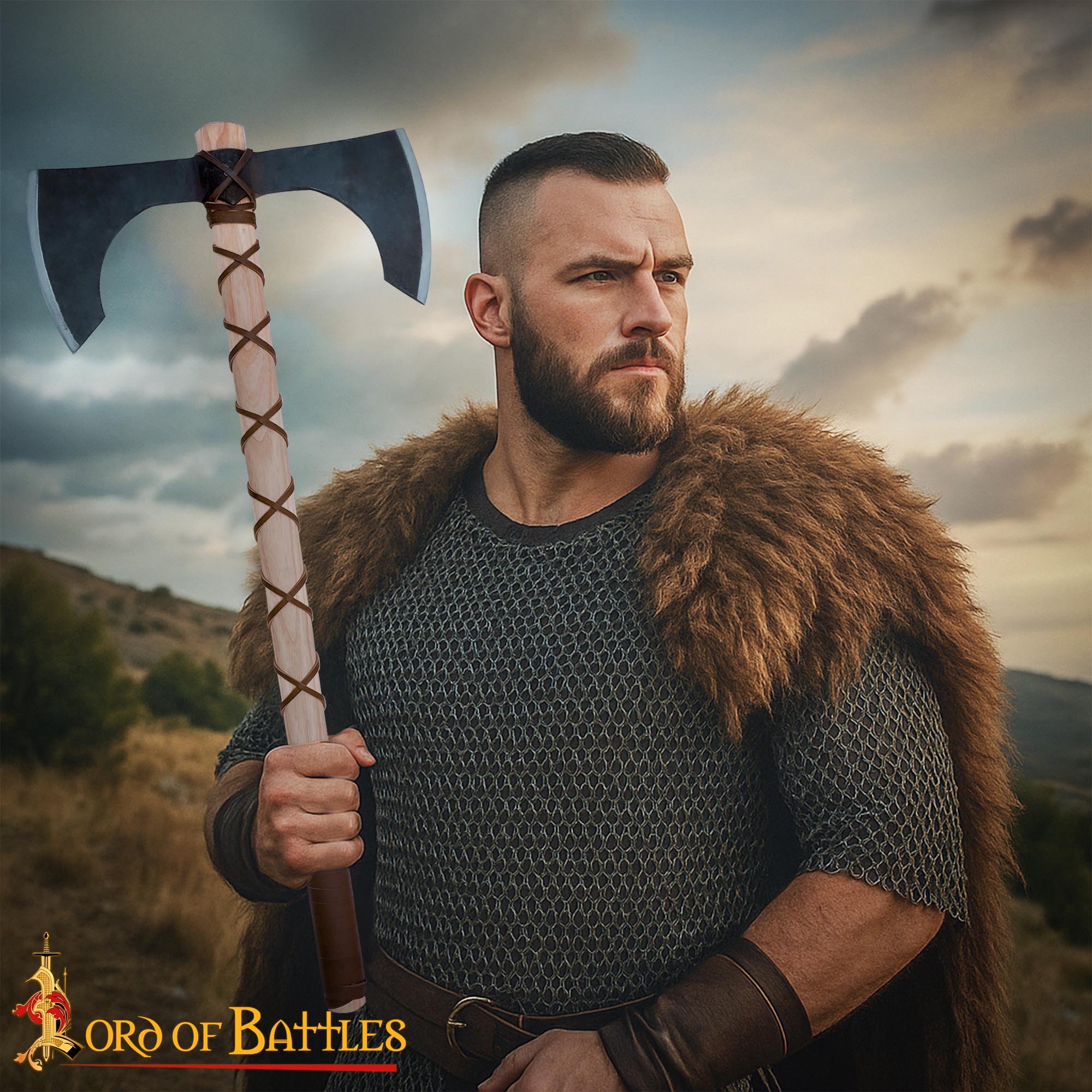 Hacha de Doble Hoja con Mango de Madera de Fresno - Medieval - Imagen 2