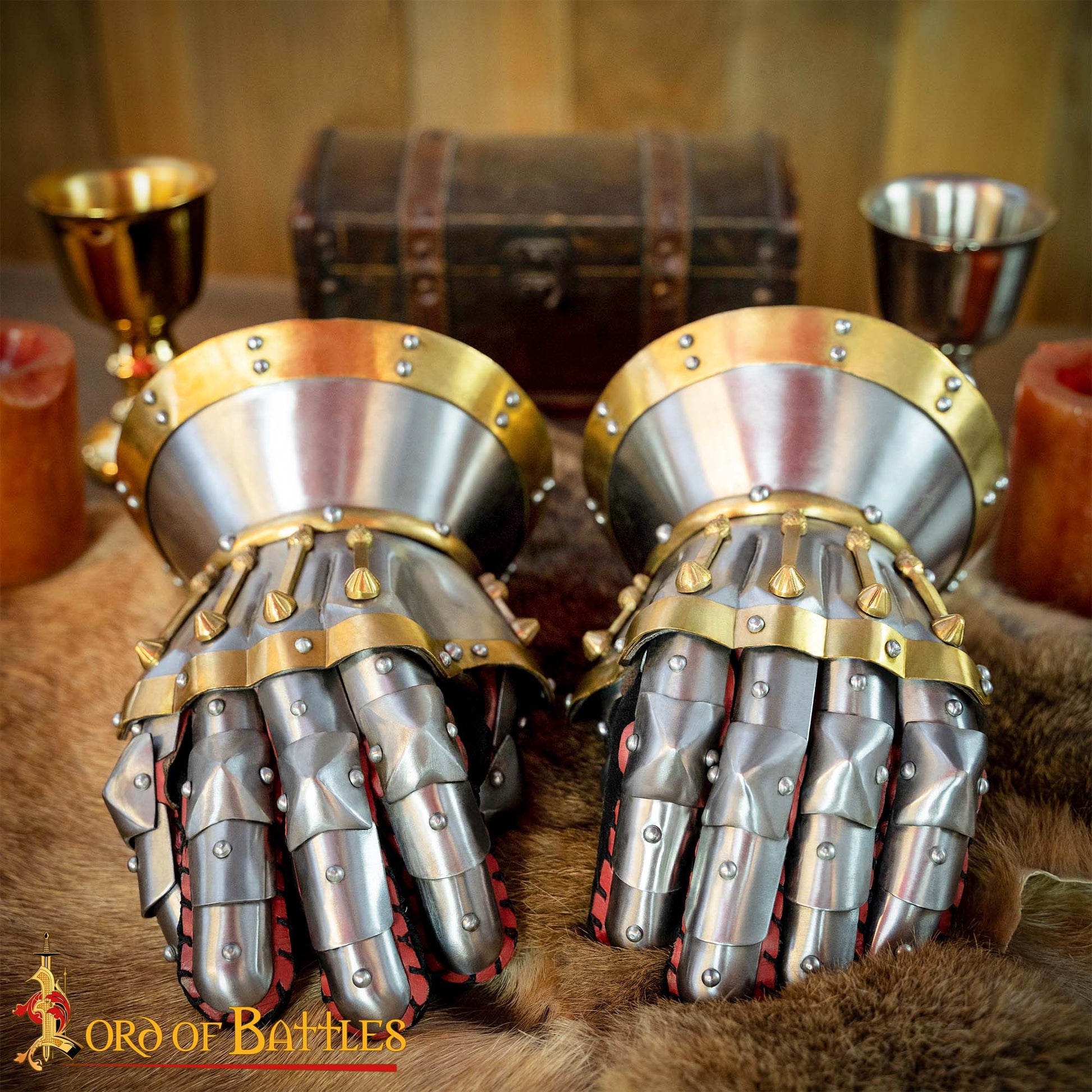 Guanteletes de Reloj de Arena del Siglo Xv - Acero Pulido de Calibre 16 con Guantes de Cuero Integrados y Detalles de Latón - Imagen 1