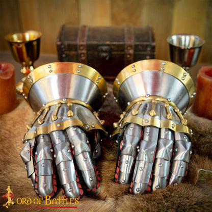 Guanteletes de Reloj de Arena del Siglo Xv - Acero Pulido de Calibre 16 con Guantes de Cuero Integrados y Detalles de Latón - Imagen 1