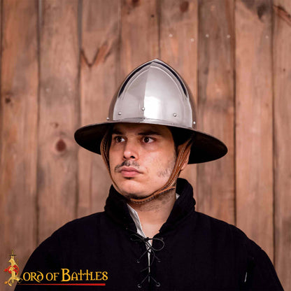 Sombrero de Tetera del Siglo Xiv - Casco de Acero Pulido de Calibre 16 Hecho a Mano con Suspensión de Cuero - Imagen 6