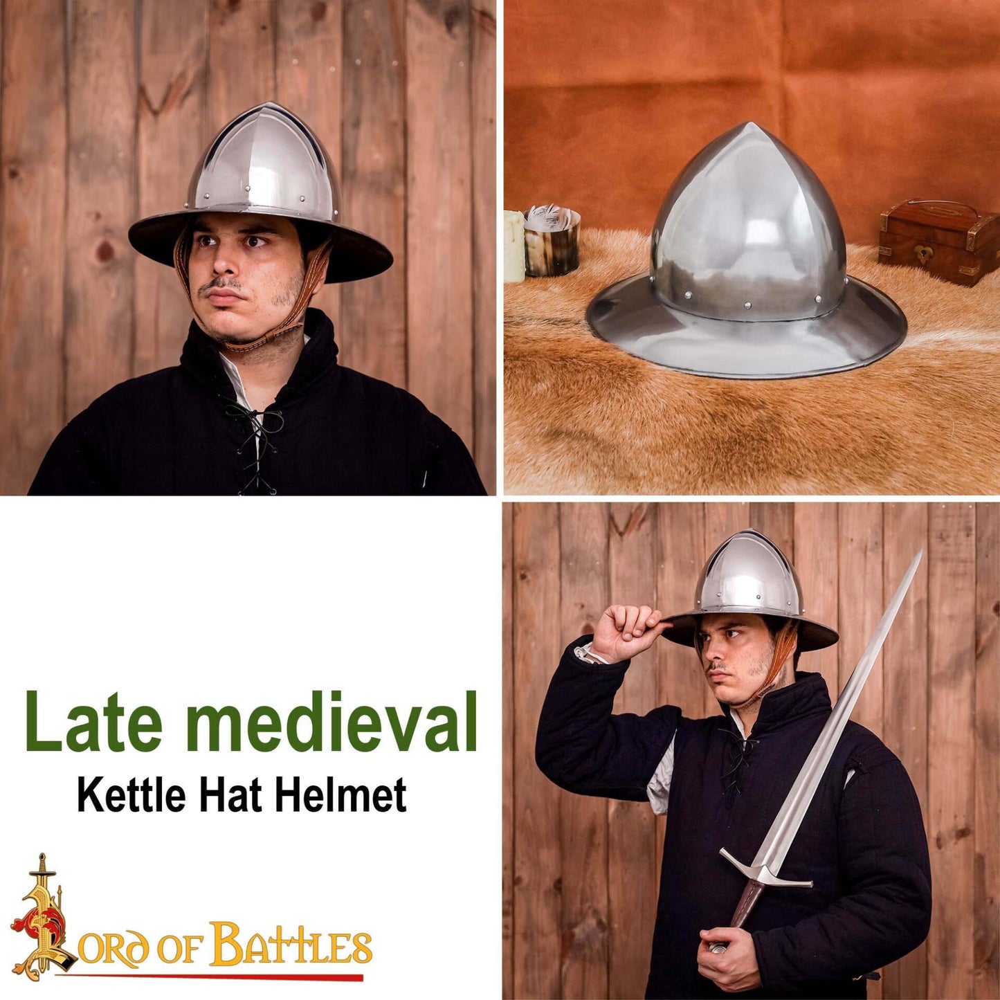 Sombrero de Tetera del Siglo Xiv - Casco de Acero Pulido de Calibre 16 Hecho a Mano con Suspensión de Cuero - Imagen 8