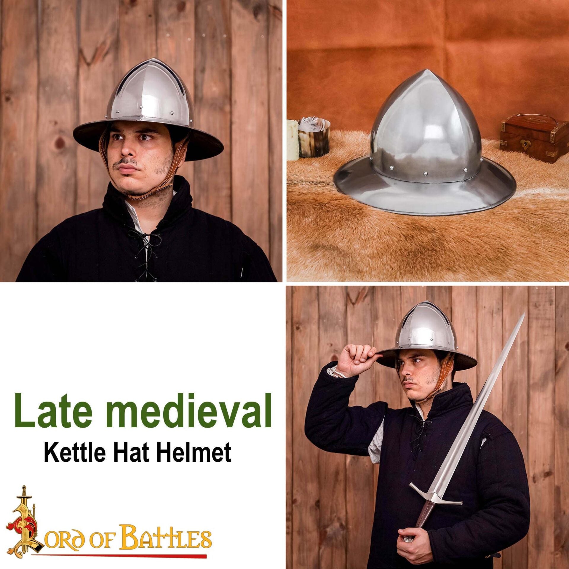 Sombrero de Tetera del Siglo Xiv - Casco de Acero Pulido de Calibre 16 Hecho a Mano con Suspensión de Cuero - Imagen 8