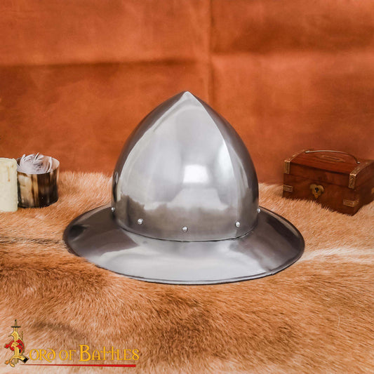 Sombrero de Tetera del Siglo Xiv - Casco de Acero Pulido de Calibre 16 Hecho a Mano con Suspensión de Cuero - Imagen 1