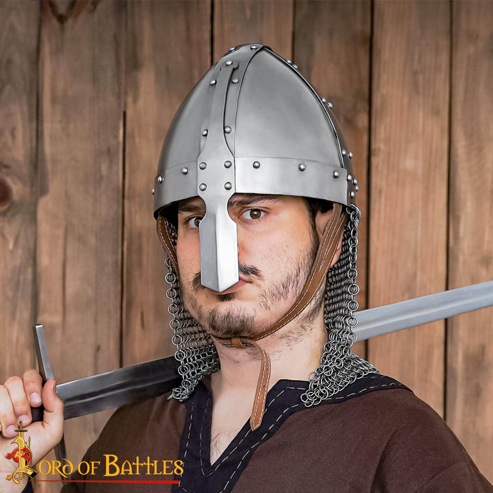 Casco Medieval Normando Nasal de Acero con Corail de Cota de Malla 16 Calibre - Imagen 1