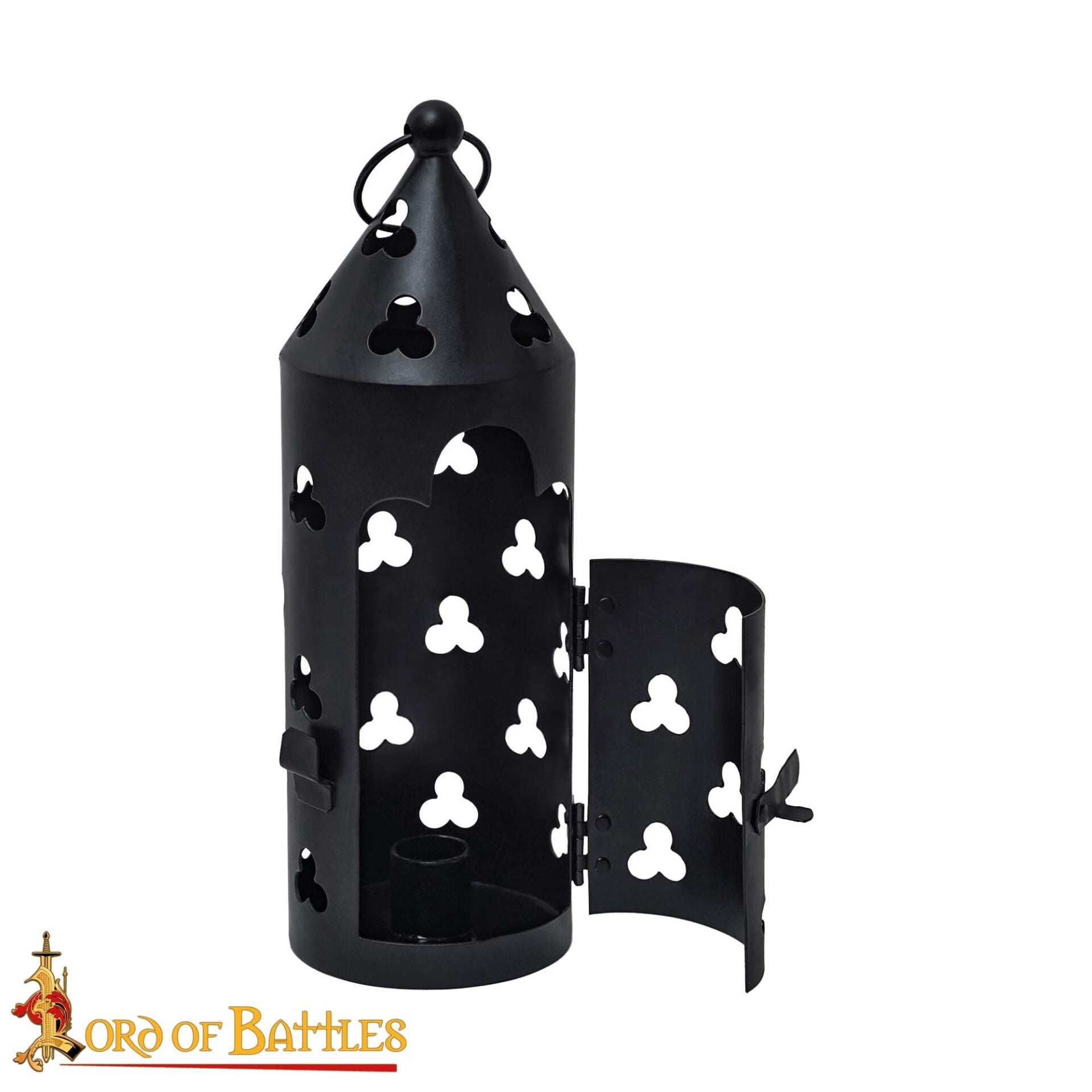 Farol Medieval de Hierro para Velas con Recortes de Trébol y Asa Anular - Imagen 4