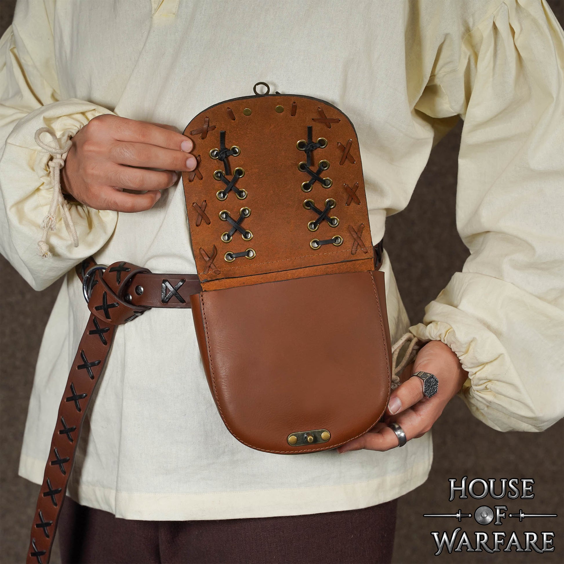 Bolsa Medieval de Cuero para Cinturón con Cierre - Bolso Marrón con Cordones Cruzados para Larp, Disfraces Vikingos y Renacentistas - Imagen 5