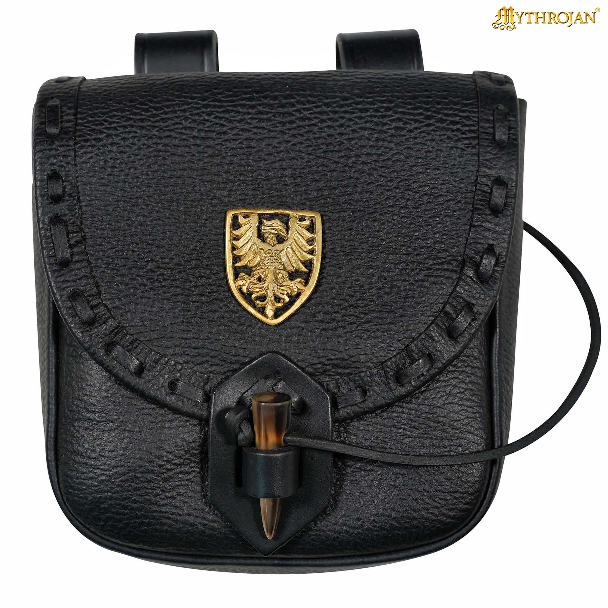 Riñonera Medieval de Cuero Hecha a Mano con Pasador de Cuerno de Buey y Decoración Heráldica de Latón - Funda de Cuero Auténtico - Imagen 4