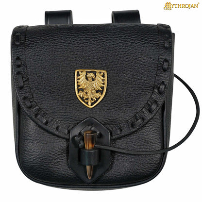 Riñonera Medieval de Cuero Hecha a Mano con Pasador de Cuerno de Buey y Decoración Heráldica de Latón - Funda de Cuero Auténtico - Imagen 4