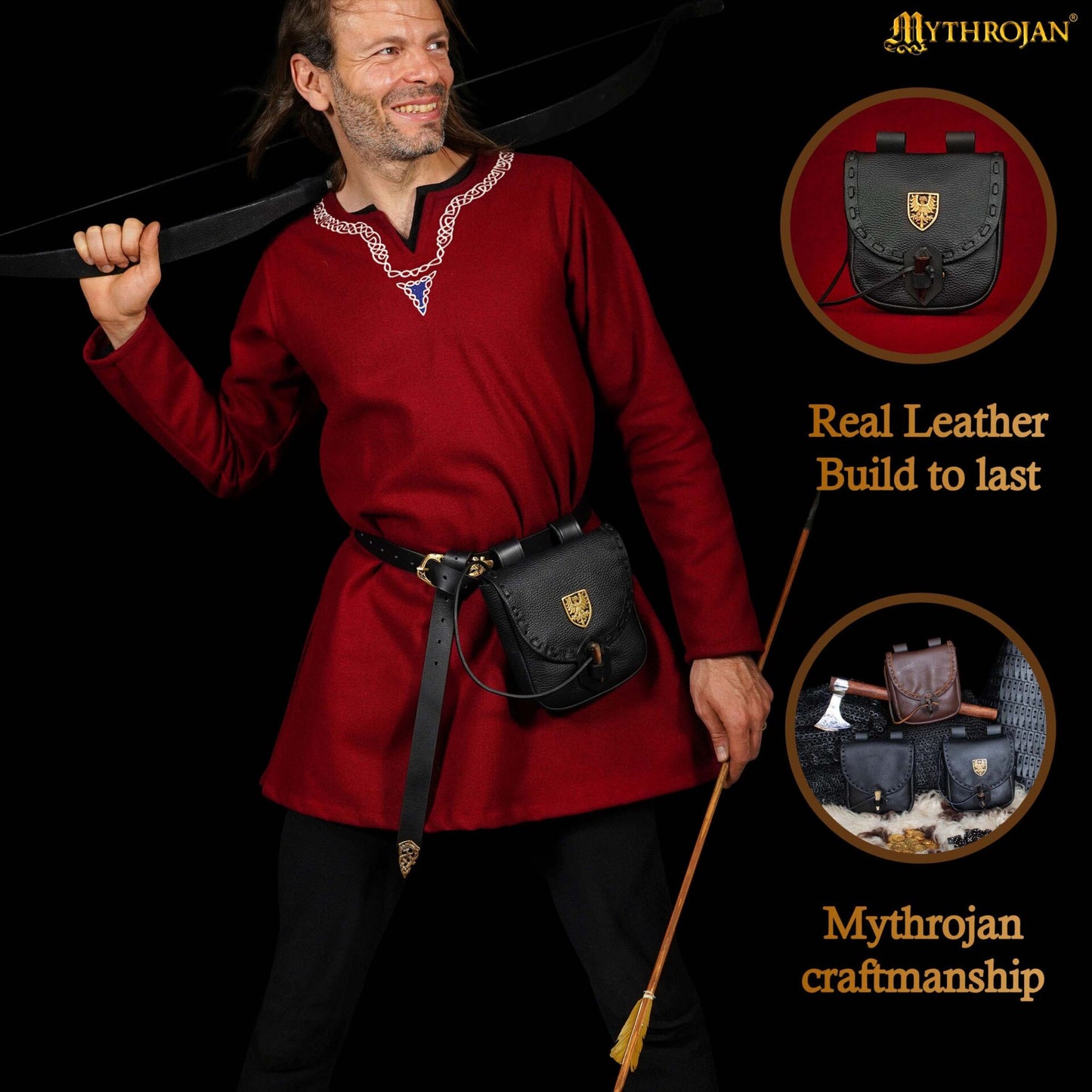Riñonera Medieval de Cuero Hecha a Mano con Pasador de Cuerno de Buey y Decoración Heráldica de Latón - Funda de Cuero Auténtico - Imagen 17