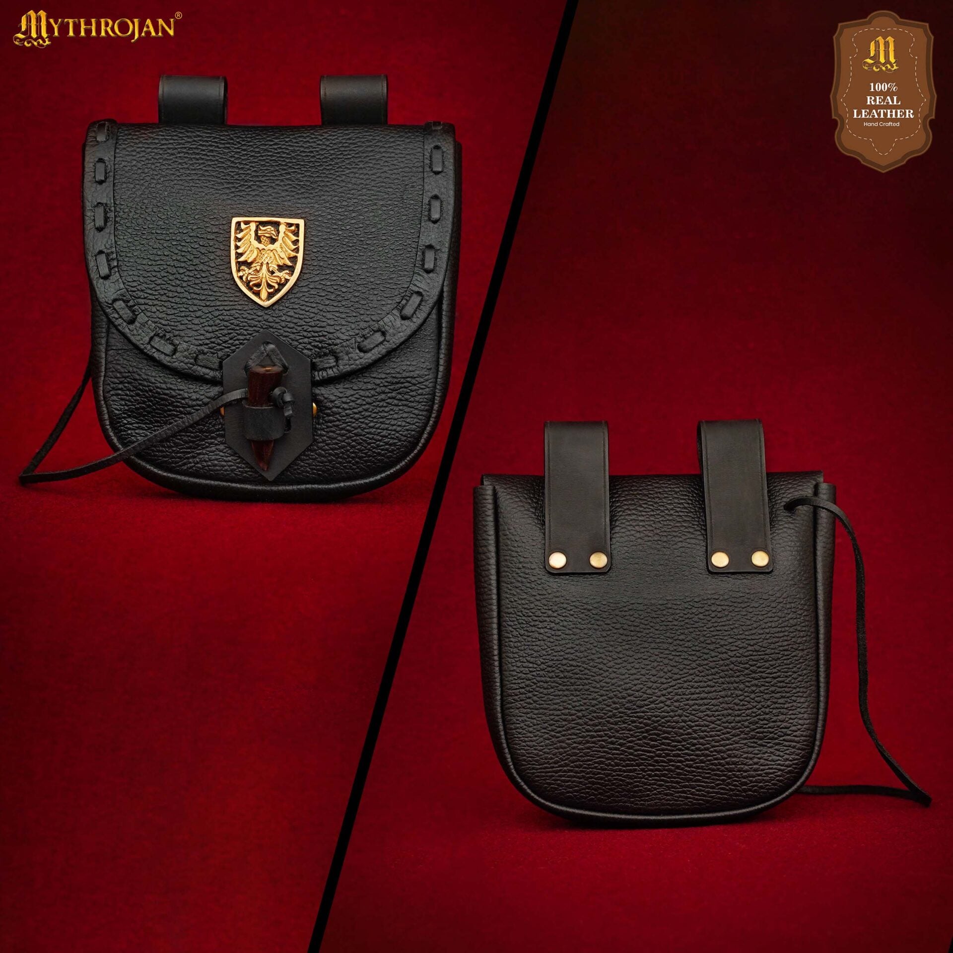 Riñonera Medieval de Cuero Hecha a Mano con Pasador de Cuerno de Buey y Decoración Heráldica de Latón - Funda de Cuero Auténtico - Imagen 18