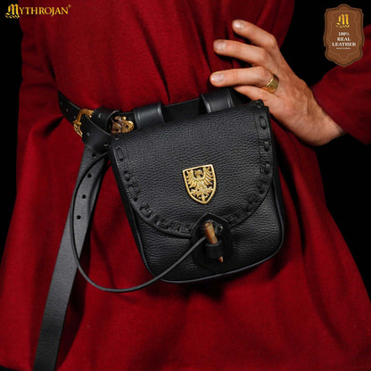 Riñonera Medieval de Cuero Hecha a Mano con Pasador de Cuerno de Buey y Decoración Heráldica de Latón - Funda de Cuero Auténtico - Imagen 7