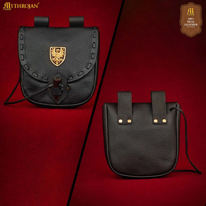 Riñonera Medieval de Cuero Hecha a Mano con Pasador de Cuerno de Buey y Decoración Heráldica de Latón - Funda de Cuero Auténtico - Imagen 8