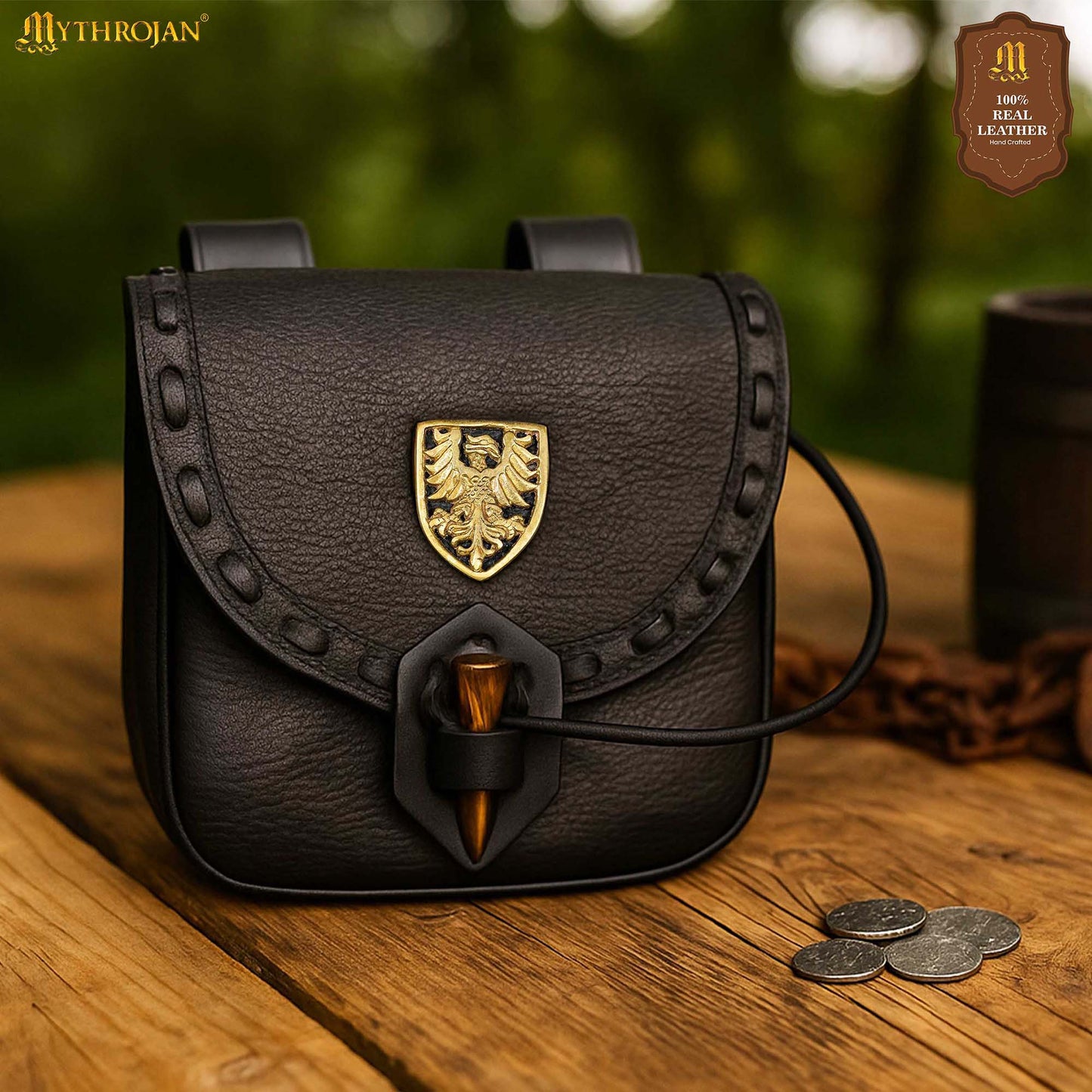Riñonera Medieval de Cuero Hecha a Mano con Pasador de Cuerno de Buey y Decoración Heráldica de Latón - Funda de Cuero Auténtico - Imagen 1
