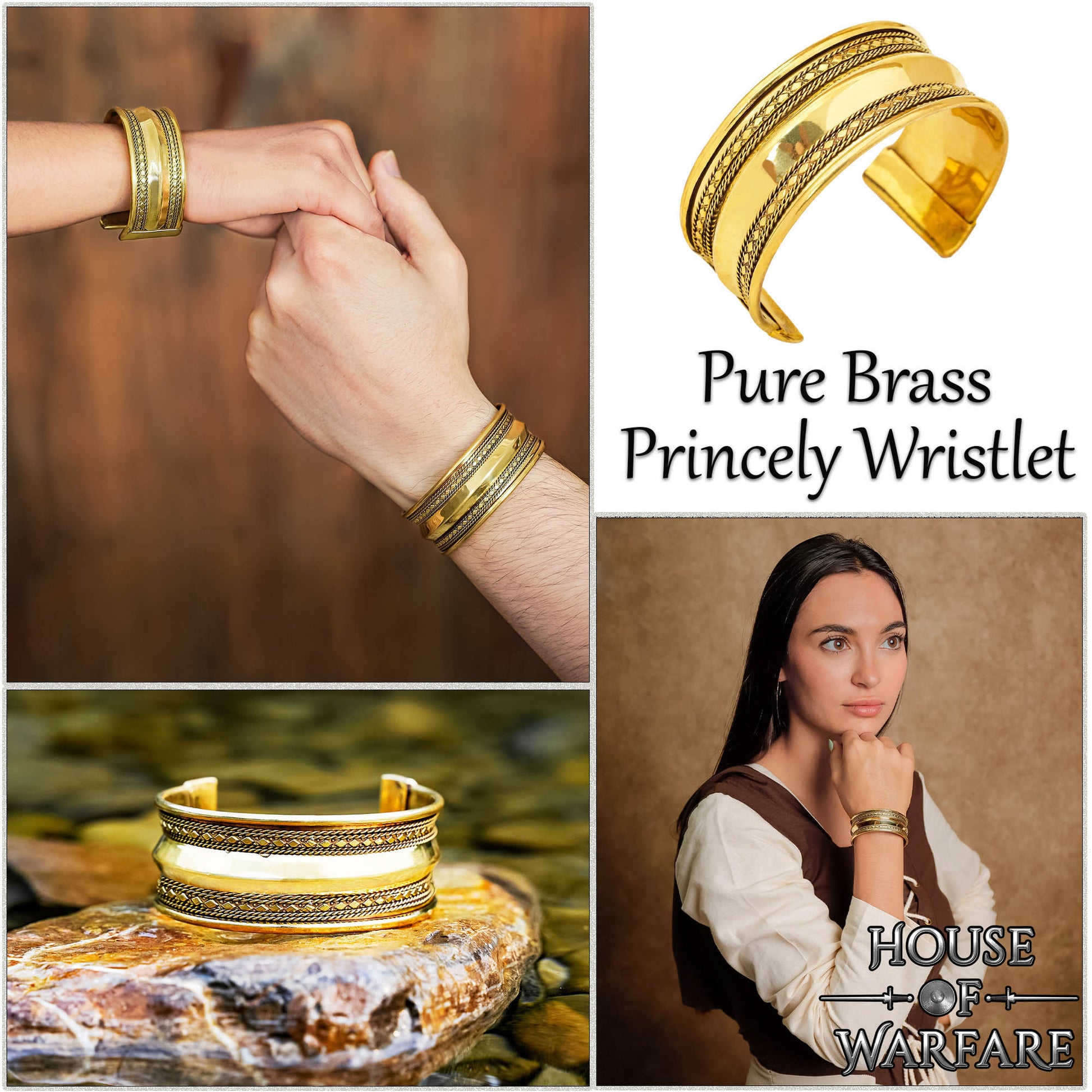 Pulsera Medieval de Latón - Brazalete Ancho Hecho a Mano con Bordes Decorativos Ornamentados - Imagen 16