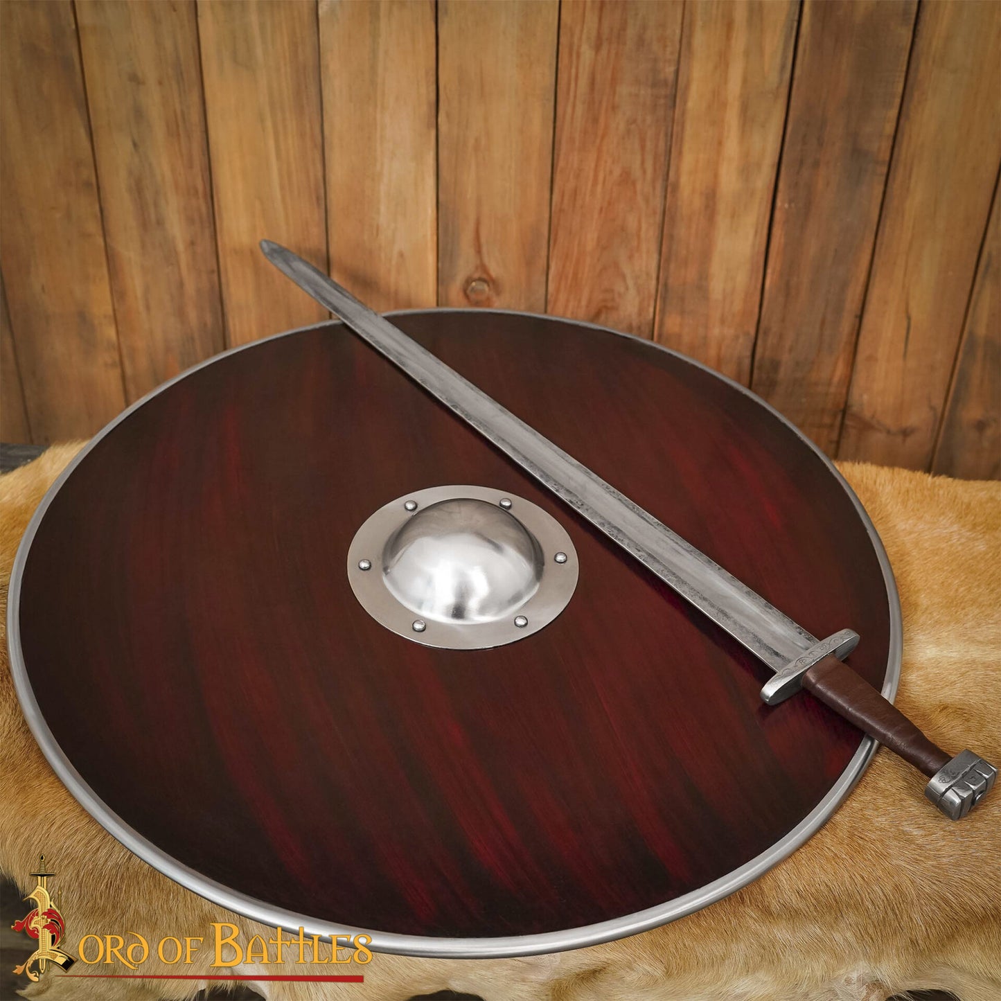 Escudo Vikingo Artesanal - Escudo de Madera con Saliente de Acero para Recreaciones - Imagen 5