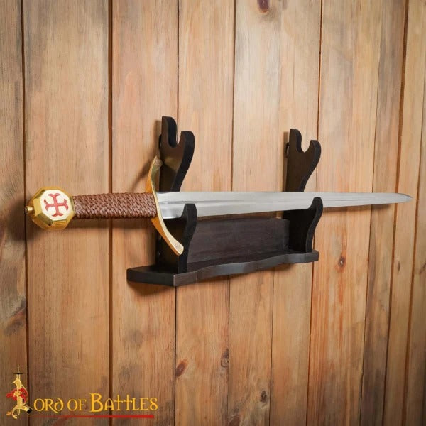 Expositor de Espadas de Madera Pulida de Dos Pisos - Soporte para Armas Medievales para Pared o Estantería - Imagen 1