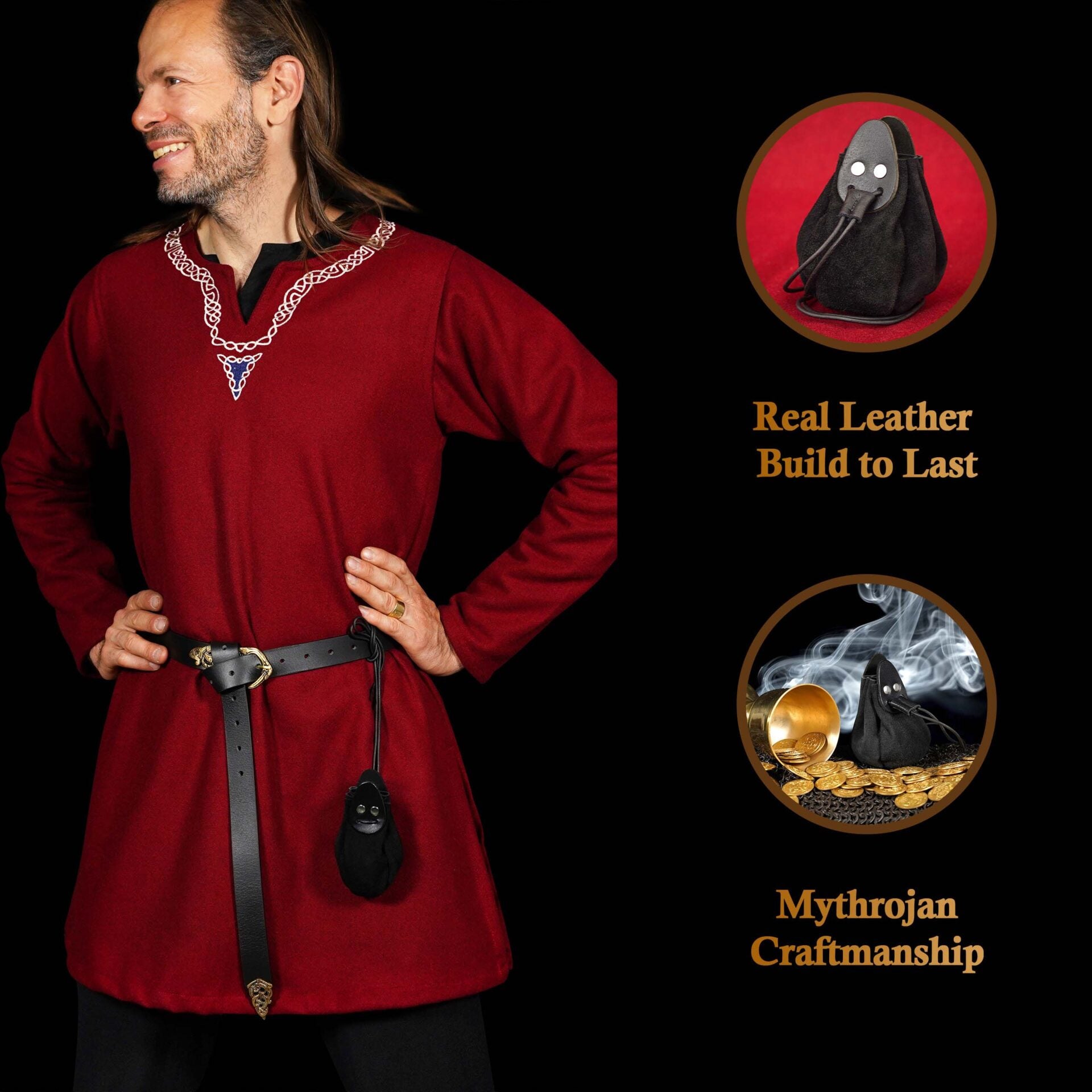 Mythrojan "gold And Dice" Drawstring Pouch, Ideal For Sca Larp Reenactment & Ren Fair - Suede Leather Pouch, Black, 4 - Imagen 5