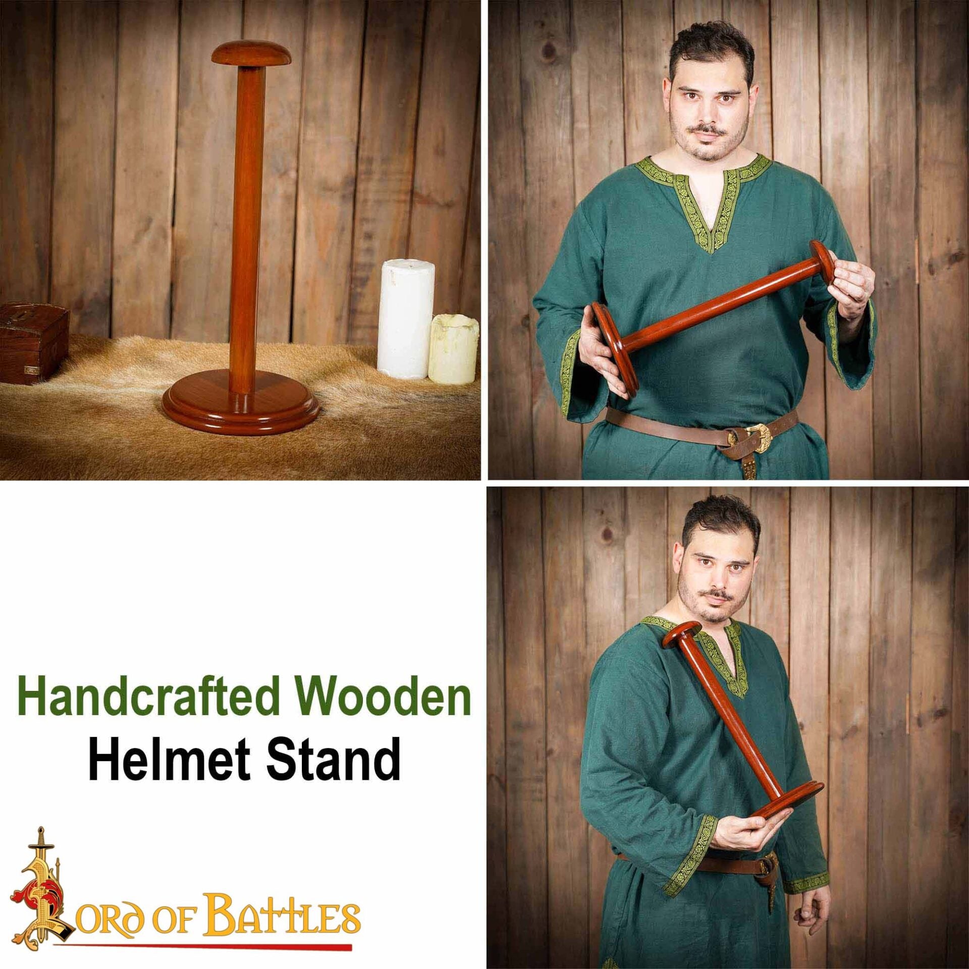Soporte para Casco Medieval de Madera - Acabado Nogal, Base Redonda - Imagen 9