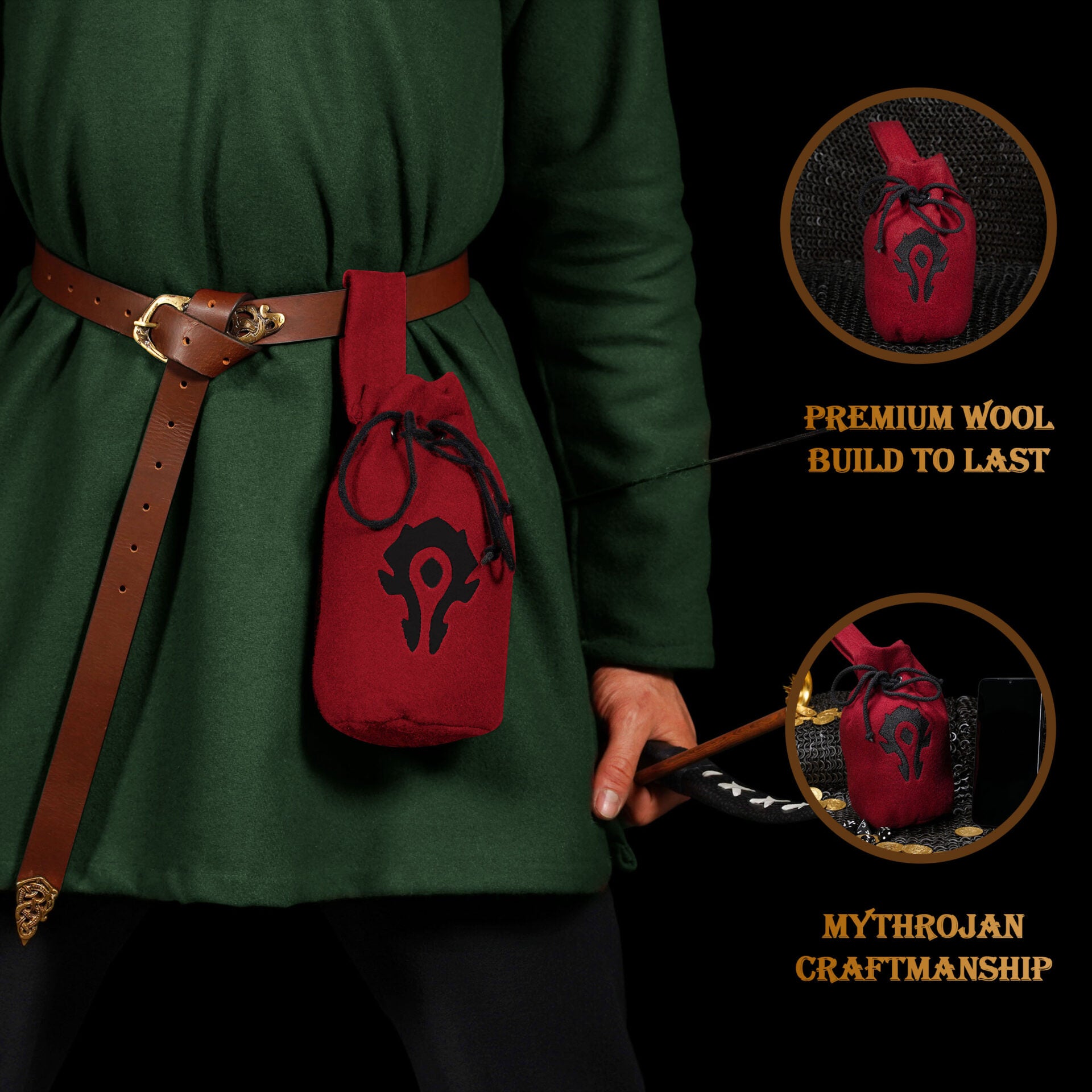 Mythrojan "for The Horde" Bolsa de Lana con Cordón para Cinturón: Accesorio para Disfraces Monedero , Granate , 8" × 6.5" - Imagen 5