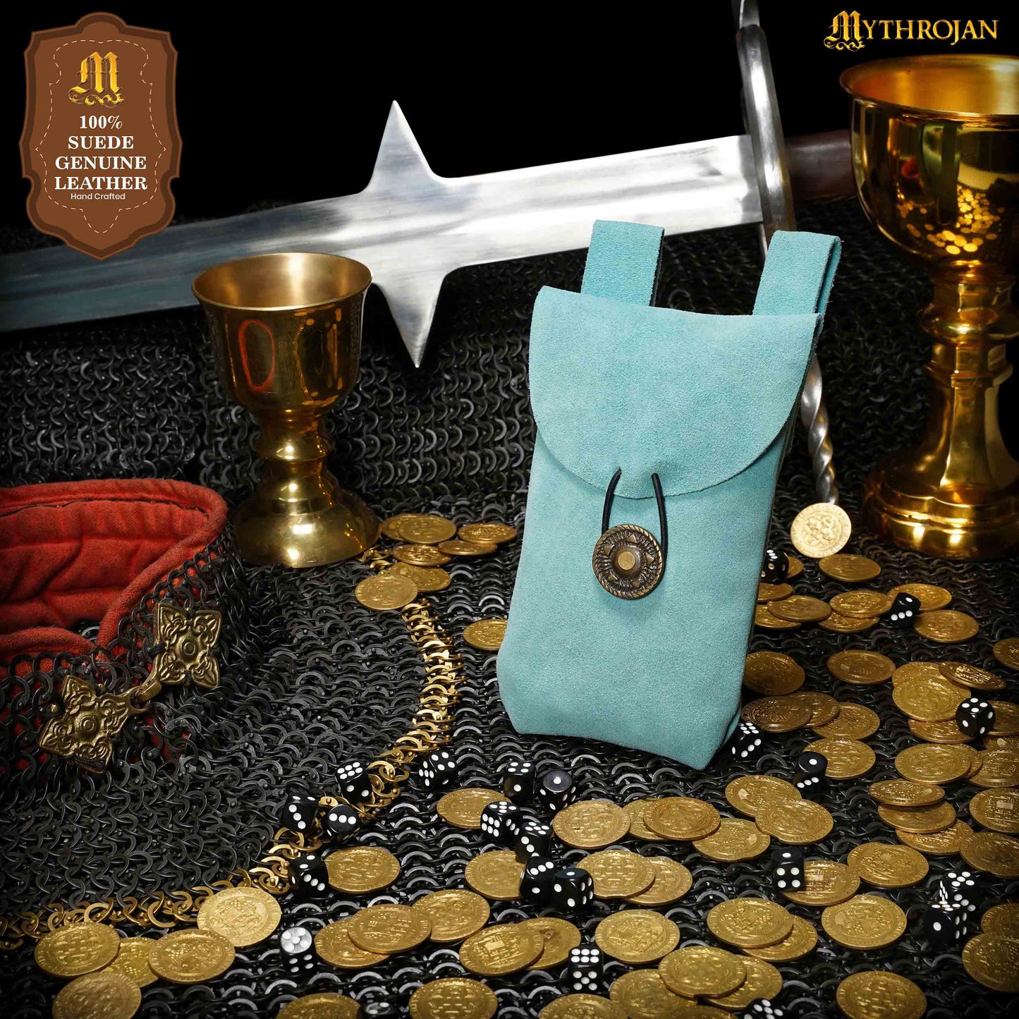 Mythrojan Medieval Renacimiento Cinturón de Joyería de Gamuza Bolsa Larp Traje Bolsa de Cintura - Imagen 1