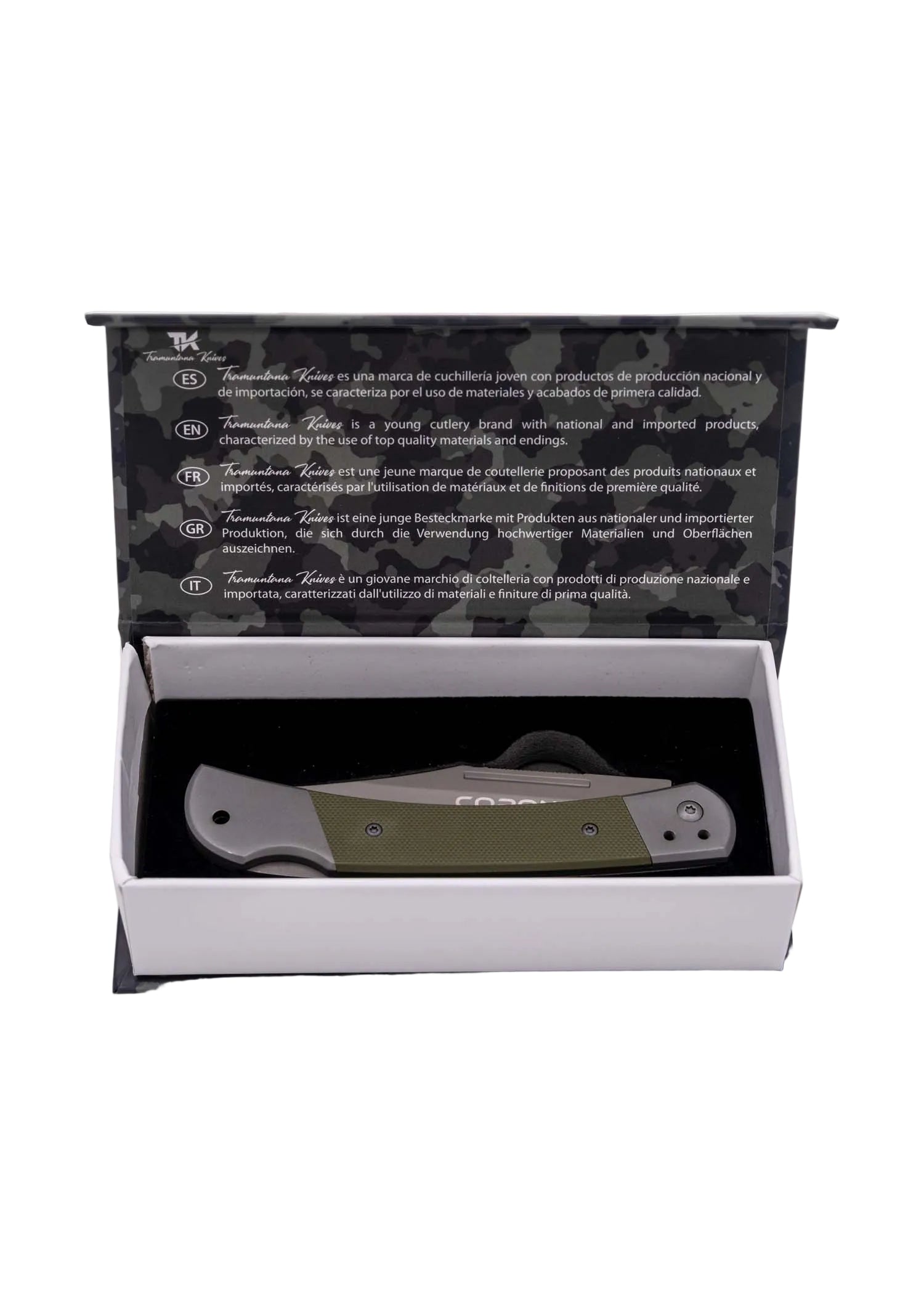 Navaja de Acero Inoxidable Coronel Tramuntana Gris G10 Verde caja Espadas y Más