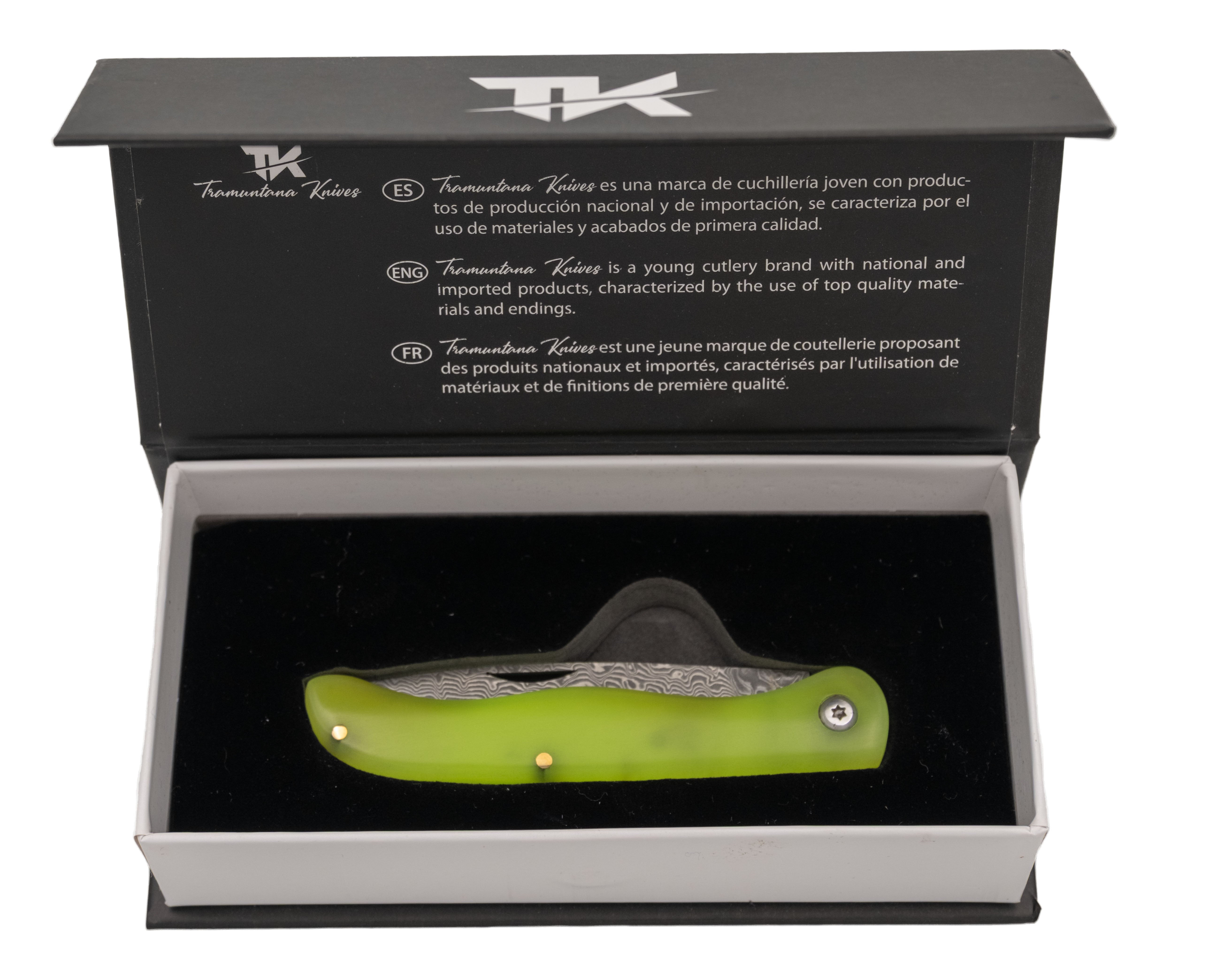 Navaja Artesanal Tramuntana de Damasco VG10 Mango Fluorescente