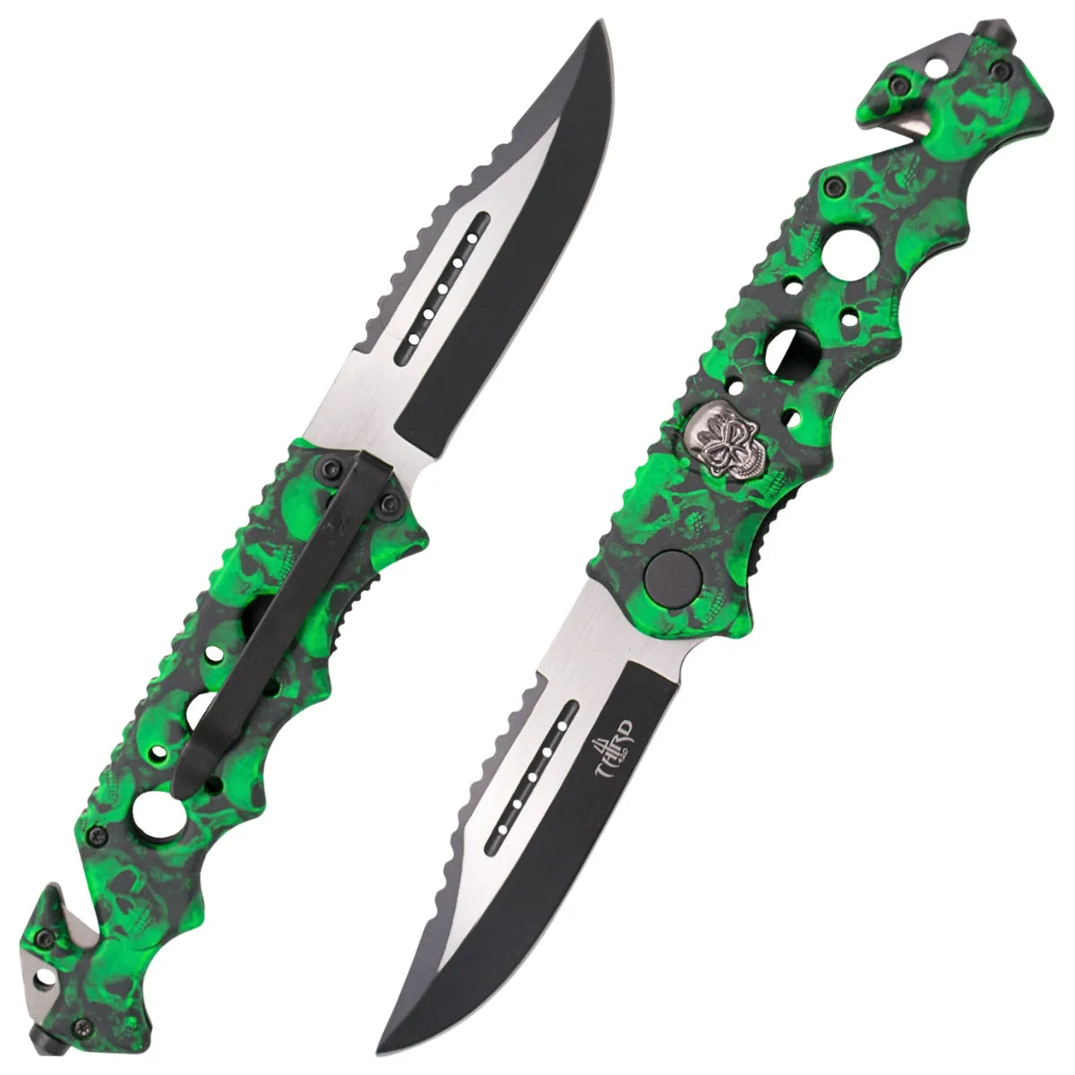 Navaja Third Calavera Aluminio con Hoja de 9 cm - camuflaje verde