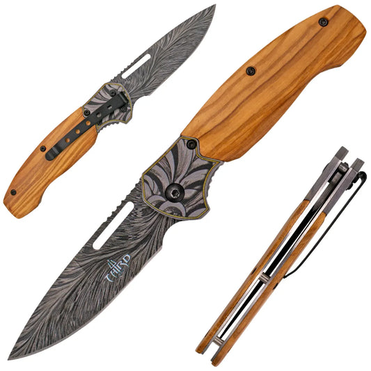 Navaja Third – Mango de Madera de Olivo y Hoja Decorada en Acero 420