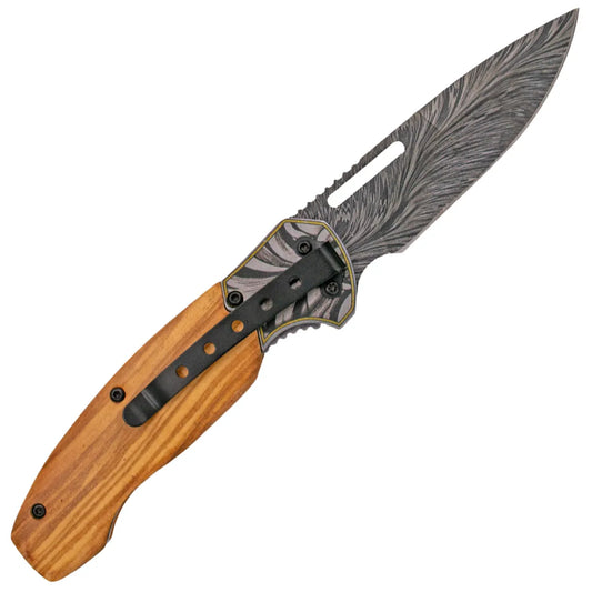 Navaja Third – Mango de Madera de Olivo y Hoja Decorada en Acero 420