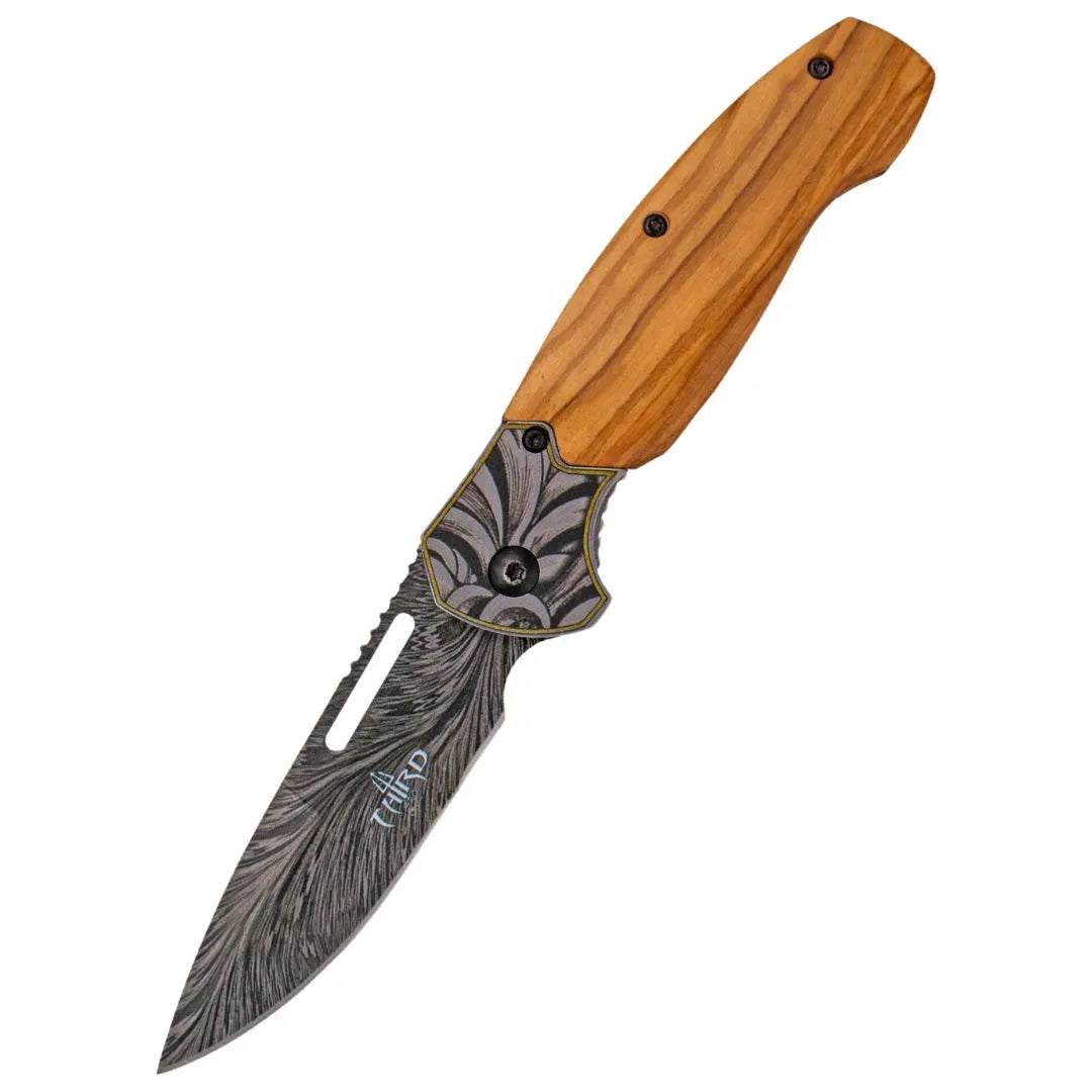 Navaja Third – Mango de Madera de Olivo y Hoja Decorada en Acero 420