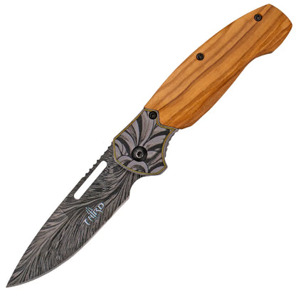 Navaja Third – Mango de Madera de Olivo y Hoja Decorada en Acero 420