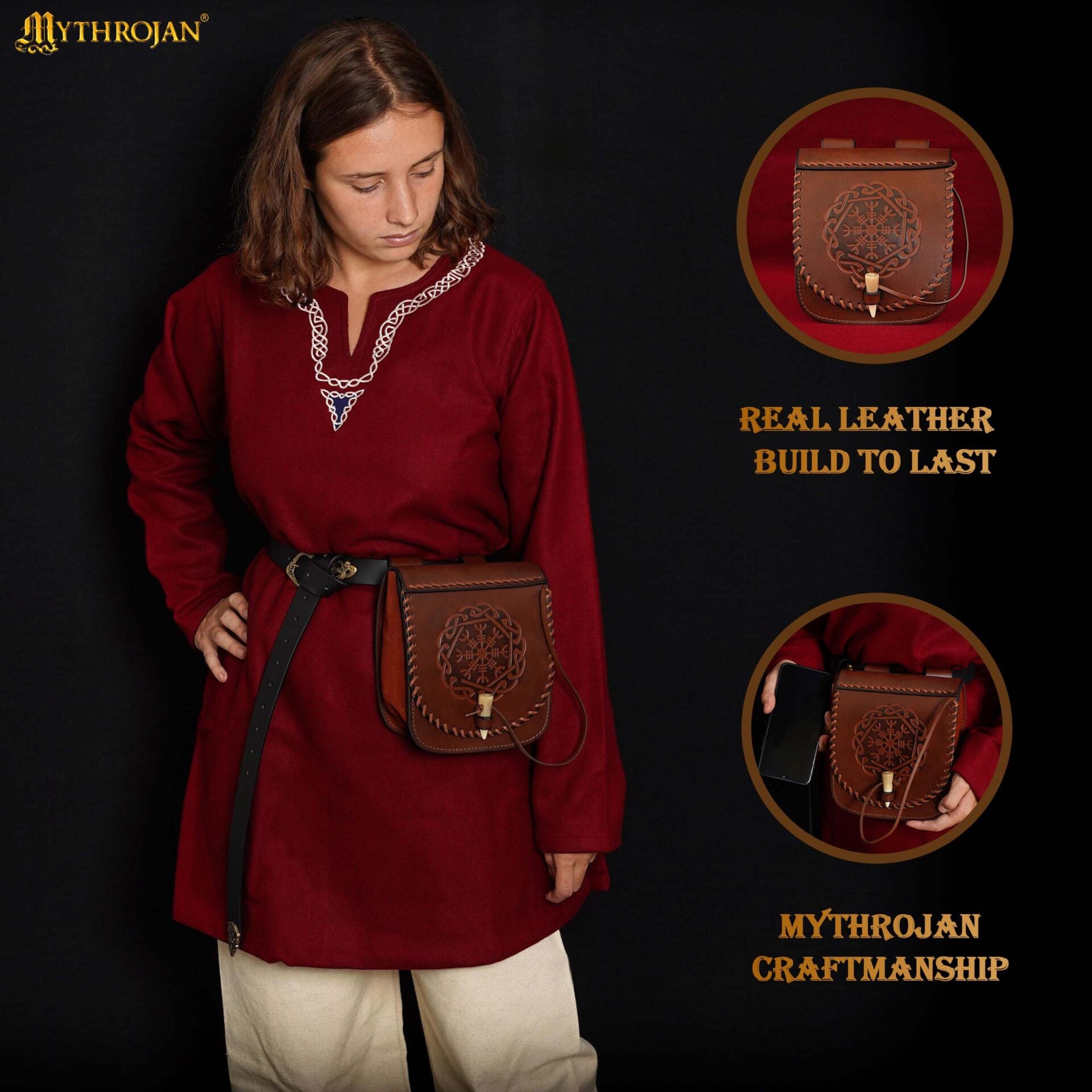 Riñonera de Cuero del Guerrero del Norte con Repujado del Yelmo del Pavor y Cierre Basculante de Hueso, Funda Larp Vikinga - Imagen 2