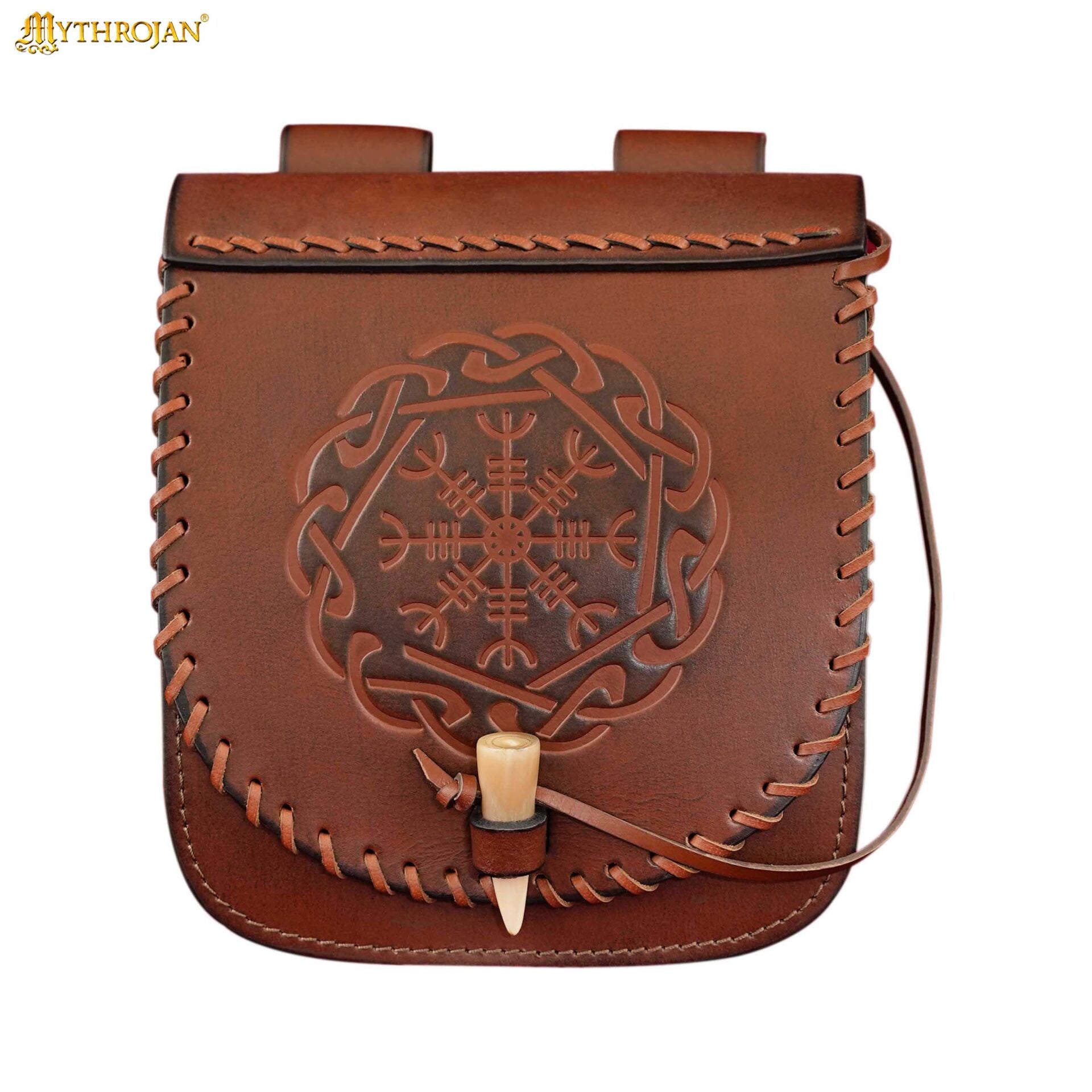 Riñonera de Cuero del Guerrero del Norte con Repujado del Yelmo del Pavor y Cierre Basculante de Hueso, Funda Larp Vikinga - Imagen 4