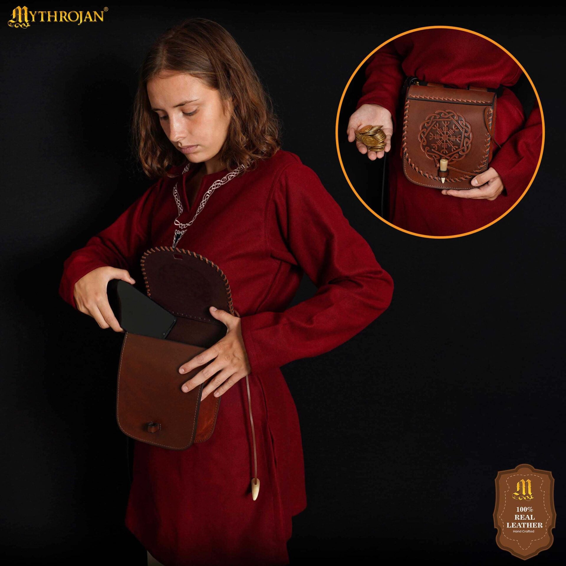 Riñonera de Cuero del Guerrero del Norte con Repujado del Yelmo del Pavor y Cierre Basculante de Hueso, Funda Larp Vikinga - Imagen 7