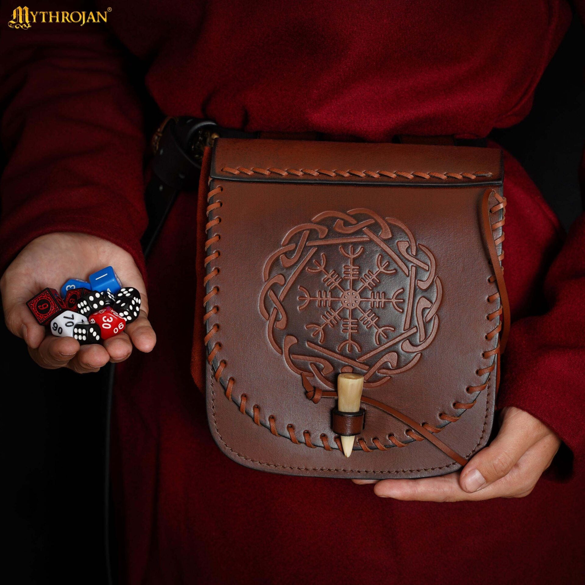 Riñonera de Cuero del Guerrero del Norte con Repujado del Yelmo del Pavor y Cierre Basculante de Hueso, Funda Larp Vikinga - Imagen 1