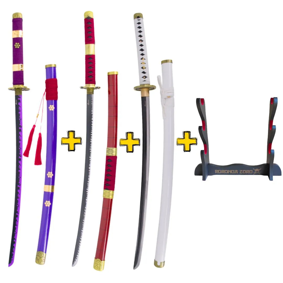 Imagen de Pack 3 Katanas de Zoro en acero + Obsequio expositor de madera parte de nuestra colección en Espadas y más, sitio oficial.