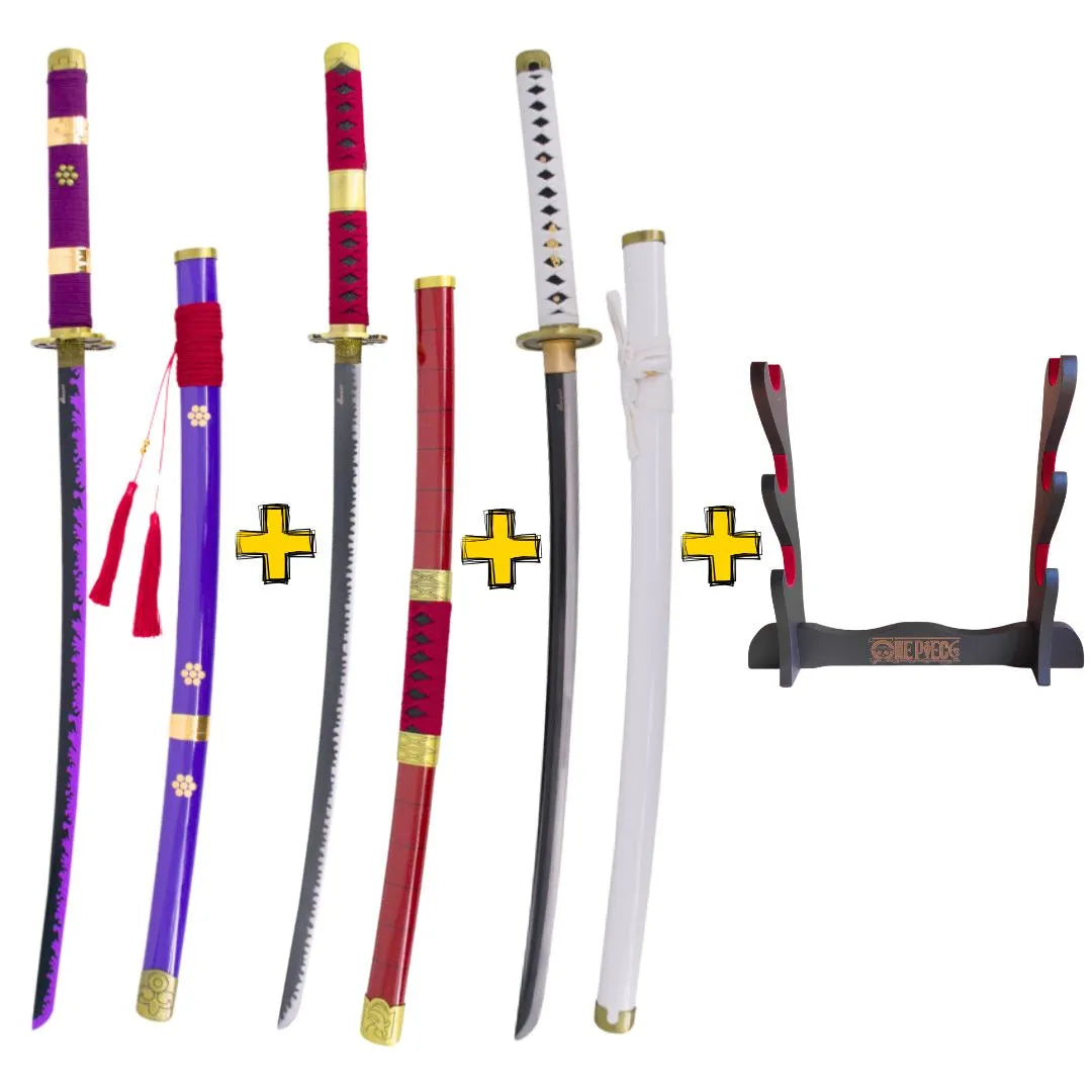 Imagen de Pack 3 Katanas de Zoro en acero + Obsequio expositor de madera parte de nuestra colección en Espadas y más, sitio oficial.