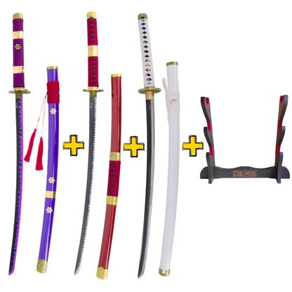 Imagen de Pack 3 Katanas de Zoro en acero + Obsequio expositor de madera parte de nuestra colección en Espadas y más, sitio oficial.