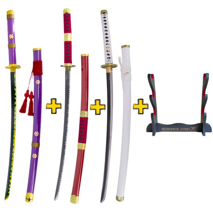 Imagen de Pack 3 Katanas de Zoro en acero + Obsequio expositor de madera parte de nuestra colección en Espadas y más, sitio oficial.