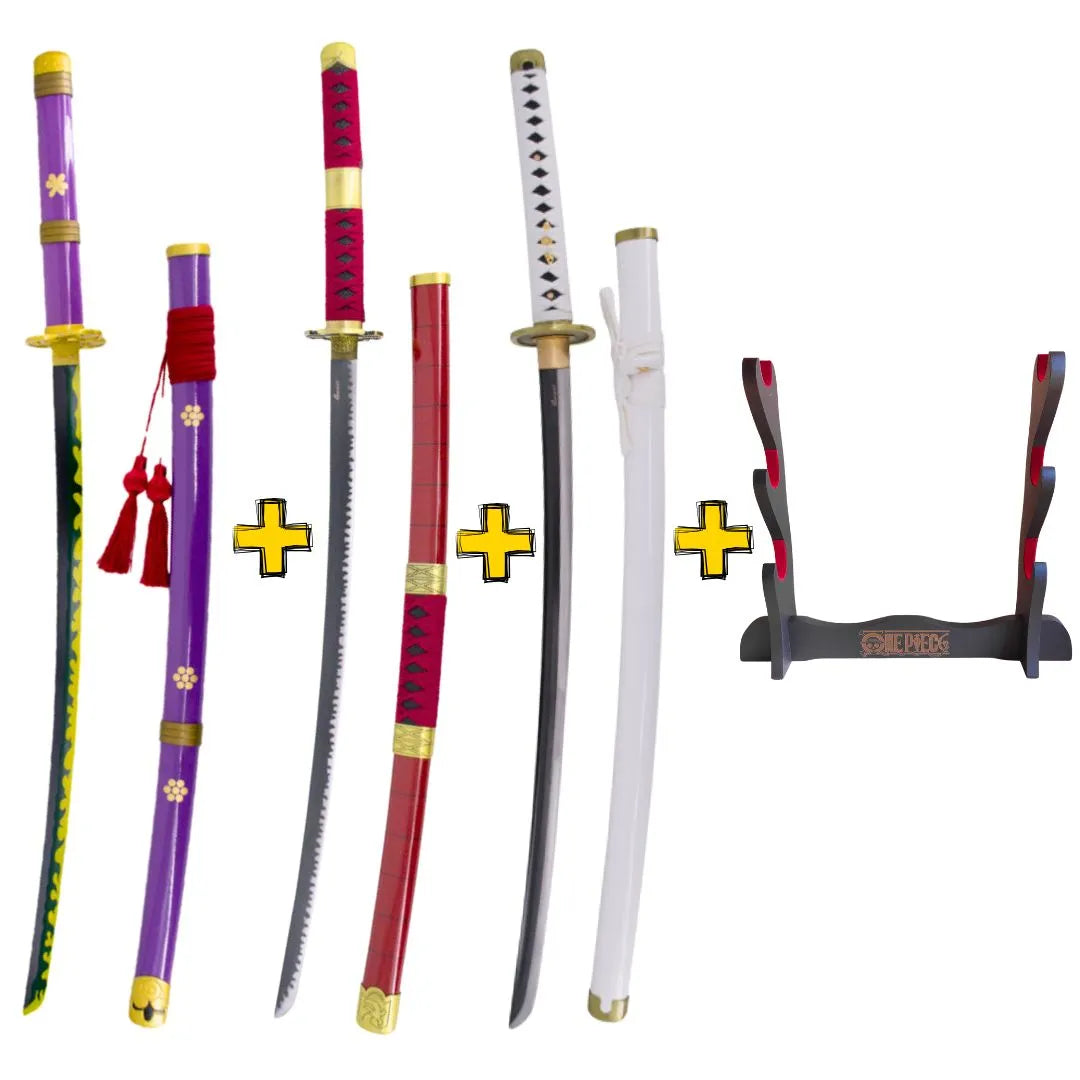 Imagen de Pack 3 Katanas de Zoro en acero + Obsequio expositor de madera parte de nuestra colección en Espadas y más, sitio oficial.