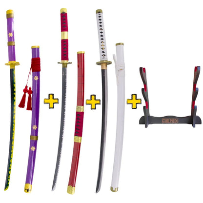Imagen de Pack 3 Katanas de Zoro en acero + Obsequio expositor de madera parte de nuestra colección en Espadas y más, sitio oficial.