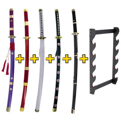 Imagen de Pack 5 Katanas de Acero Zoro One Piece + Expositor Gratis parte de nuestra colección en Espadas y más, sitio oficial.
