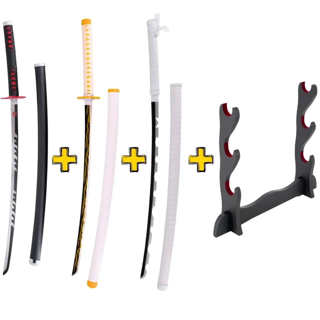 Pack Héroes del Amanecer con 3 Katanas Kimetsu No Yaiba y Expositor Básico - Espadas y Más.