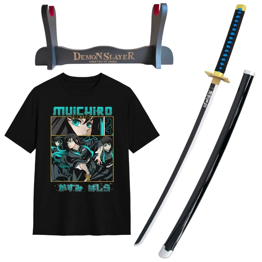 Pacote Katana de Bambu Muichiro Tokito Kimetsu no Yaiba + T-shirt + Katanero 