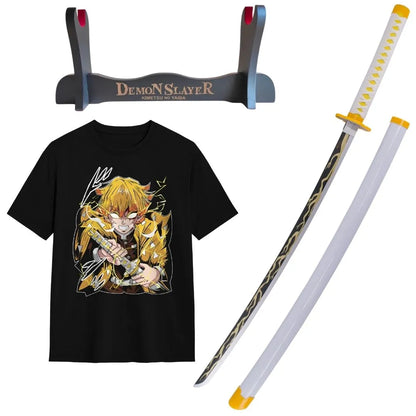 Pacote Katana de Bambu Zenitsu Agatsuma Kimetsu no Yaiba + T-Shirt + Katanero 