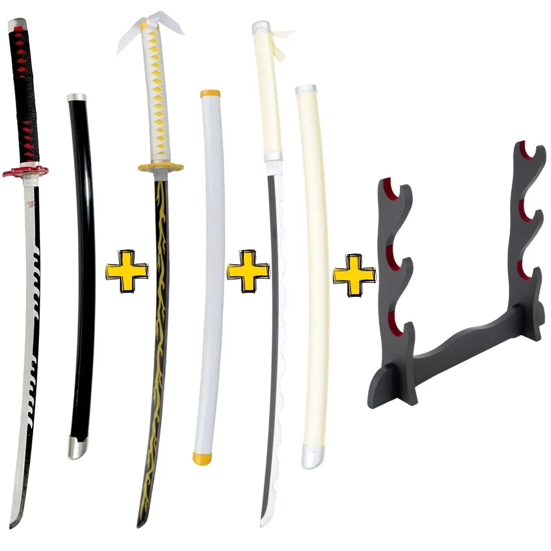 Pack Héroes del Amanecer con 3 Katanas de Bambú Kimetsu No Yaiba y Expositor Básico - Espadas y Más.